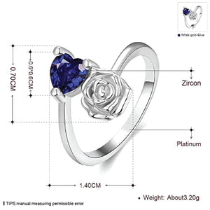 Platinum-plated Royal Blue Zirconia Crystal Rose Heart Ring for Women and Girls