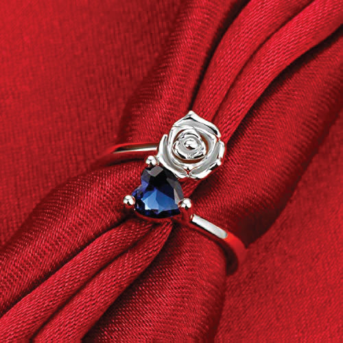 Platinum-plated Royal Blue Zirconia Crystal Rose Heart Ring for Women and Girls