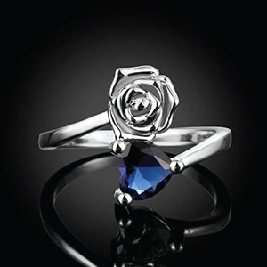 Platinum-plated Royal Blue Zirconia Crystal Rose Heart Ring for Women and Girls