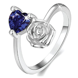 Platinum-plated Royal Blue Zirconia Crystal Rose Heart Ring for Women and Girls