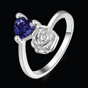 Platinum-plated Royal Blue Zirconia Crystal Rose Heart Ring for Women and Girls