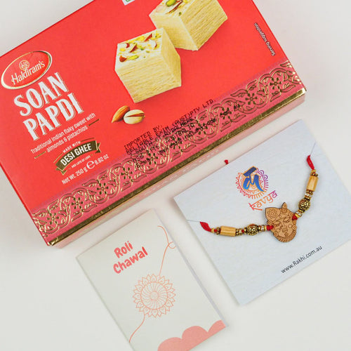 Krishna Wooden Rakhi With Soan Papdi -For UAE