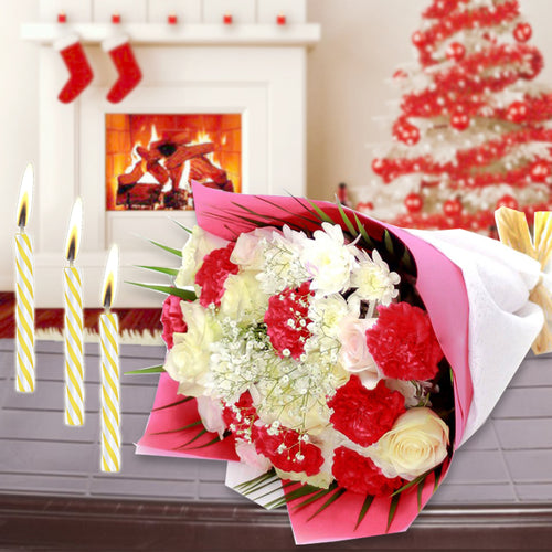 ROSES N CARNATION & CANDLES COMBO FOR CHRISTMAS