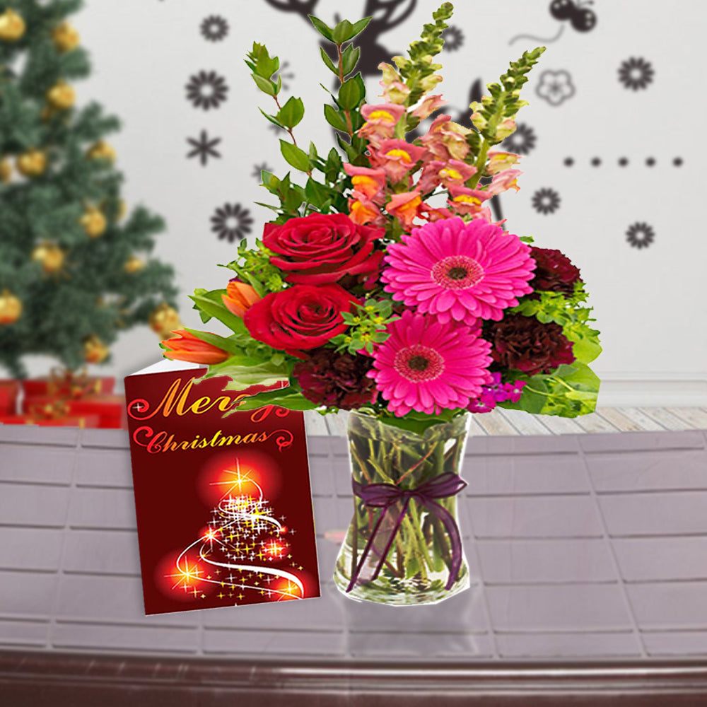 CHRISTMAS CARD AND MIX FLOWERS BOUQUET FOR CHRISTMAS
