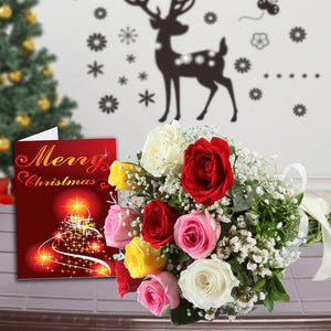 12 MIX ROSES BOUQUET AND MERRY CHRISTMAS GREETING CARD