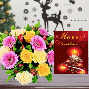 MIX FLOWERS BOUQUET WITH MERRY CHRISTMAS GREETING CARD