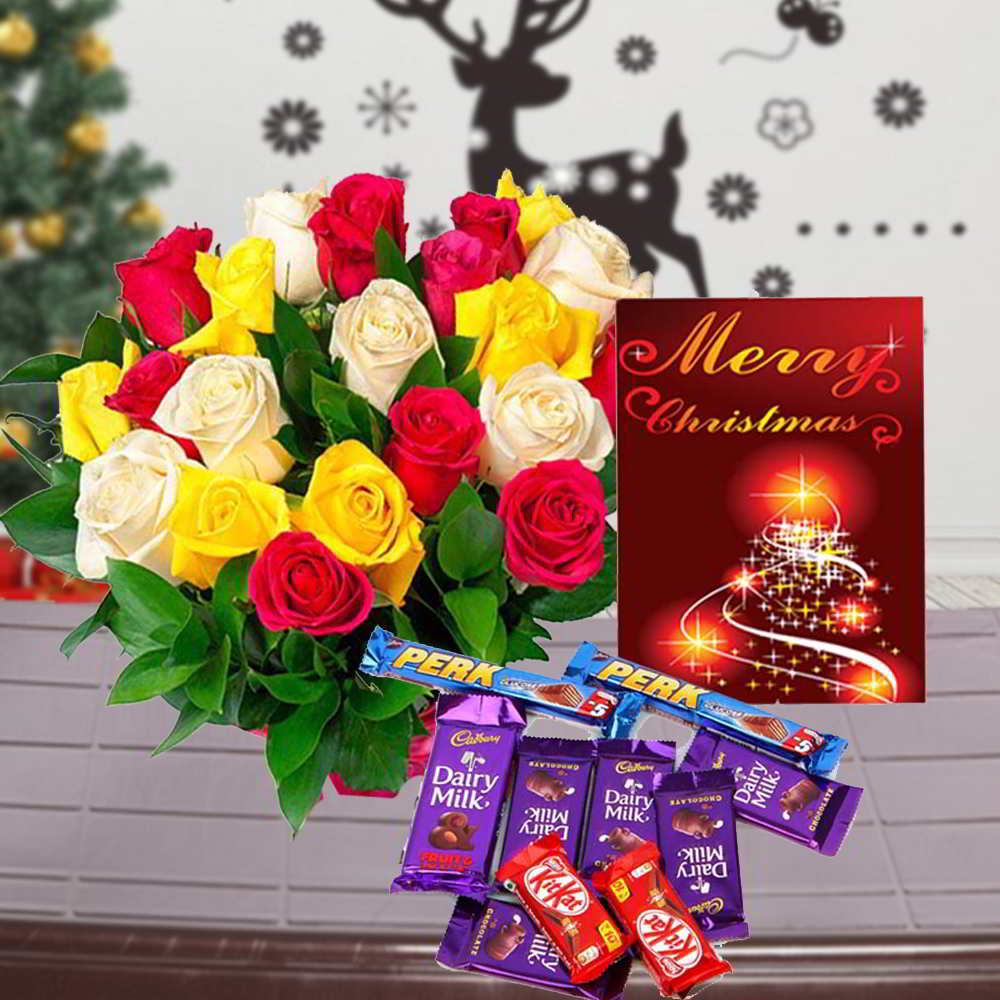 CHRISTMAS CARD AND MIX ROSES BOUQUET