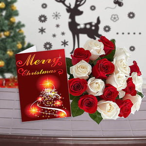 RED AND WHITE ROSES BOUQUET WITH CHRISTMAS GREETING CARD