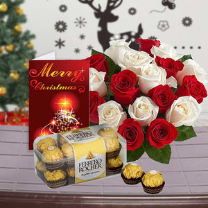 ROSES WITH  CHOCOLATE AND CHRISTMAS GREETING CARD