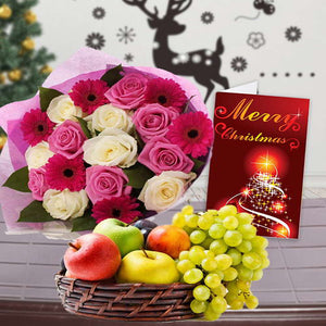 MIX FLOWERS BOUQUET WITH FRUITS BASKET AND CHRISTMAS GREETING CARD