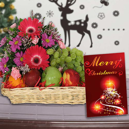 MIX FLOWERS AND FRUITS ARRANGEMENT WITH CHRISTMAS GREETING CARD