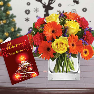 MIX FLOWERS VASE ARRANGEMENT WITH MERRY CHRISTMAS