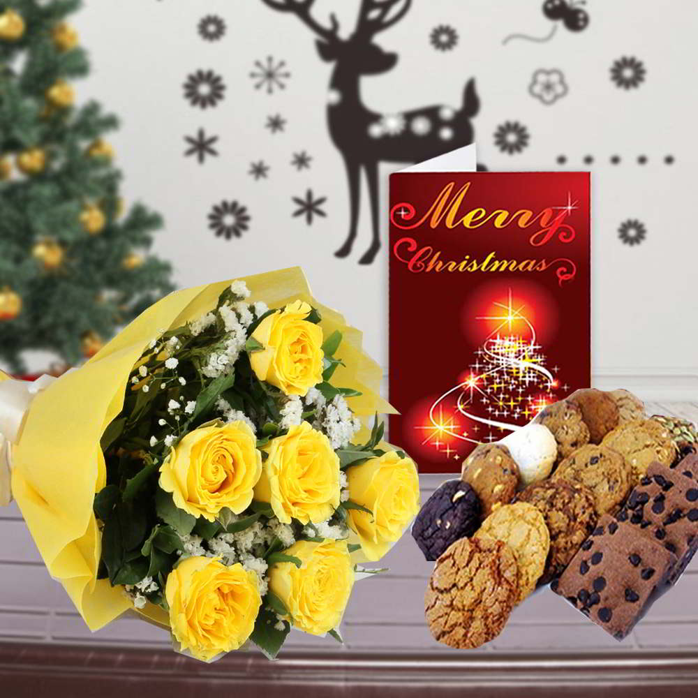 YELLOW ROSES ASSORTED COOKIES AND CHRISTMAS CARD